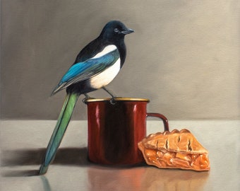 Magpie, Apple Pie and Coffee | Kitchen Bird Oil Painting Signed Fine Art Print | Direct from Artist
