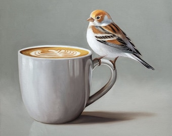 Snow Bunting & Latte / Pintura al óleo de pájaro de cocina Impresión de bellas artes firmada / Directo del artista