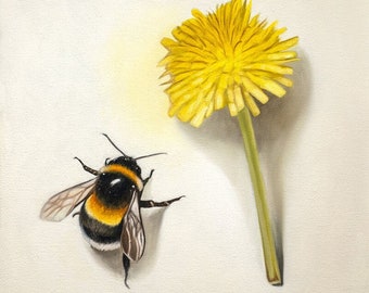 Bumble Bee & Dandelion / Pintura al óleo Impresión de bellas artes firmada / Directo del artista