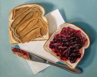 Sandwich au beurre de cacahuète et à la gelée | Peinture à l'huile de nourriture, impression d'art signée | Direct de l'artiste