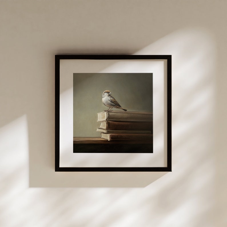 Sparrow & Vintage Books Bird Oil Painting Signed Fine Art Print Direct from Artist image 6