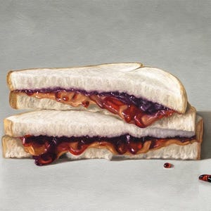 Lámina decorativa con diseño de sándwich de mantequilla de cacahuete y mermelada, ideal para la pared de la cocina (formato horizontal).