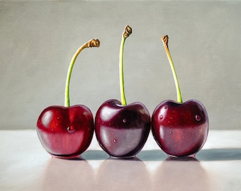 Cherry Trio | Kitchen Fruit Food Oil Painting Signed Fine Art Print | Direct from Artist