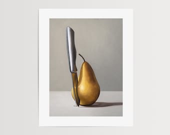 Pear & Paring Knife | Kitchen Fruit Food Oil Painting Signed Fine Art Print | Direct from Artist