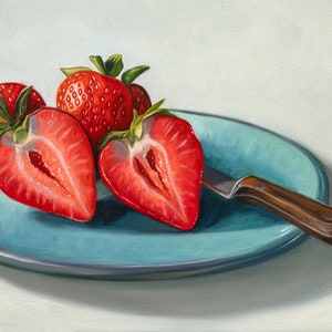 Plato de fresas / Pintura al óleo de frutas de cocina Impresión de bellas artes firmada / Directo del artista imagen 1