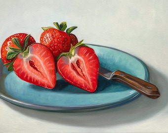 Plato de fresas / Pintura al óleo de frutas de cocina Impresión de bellas artes firmada / Directo del artista