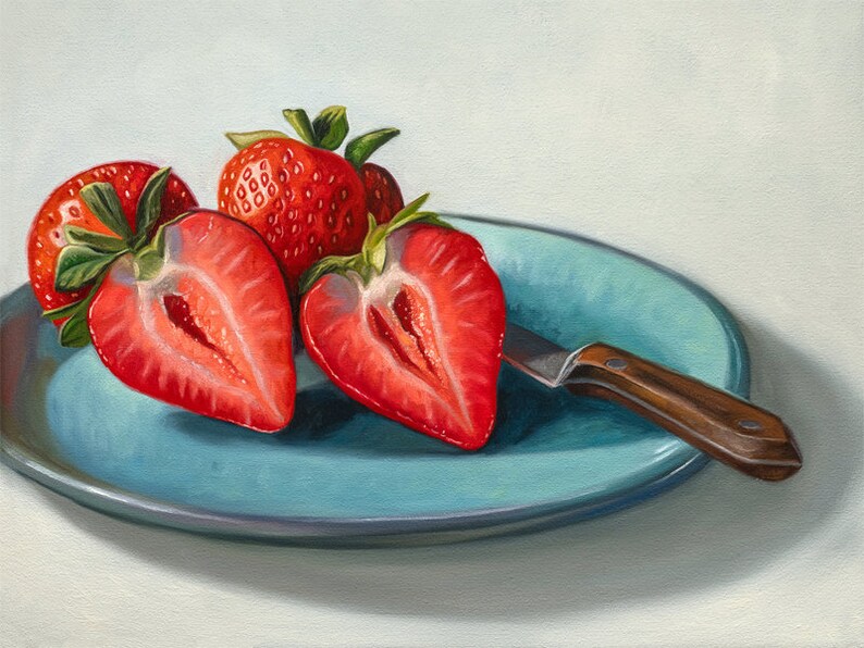 Plato de fresas / Pintura al óleo de frutas de cocina Impresión de bellas artes firmada / Directo del artista imagen 1