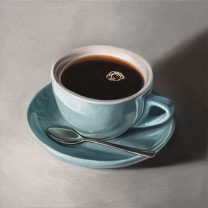 Blue Coffee Cup Latte | Kitchen Drink Oil Painting Signed Fine Art Print | Direct from Artist