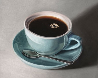 Blue Coffee Cup Latte | Kitchen Drink Oil Painting Signed Fine Art Print | Direct from Artist