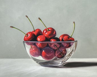 Tazón de vidrio de cerezas / Cocina Fruta Comida Pintura al óleo Impresión de bellas artes firmada / Directo del artista