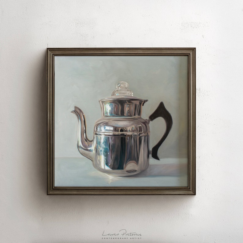 Vintage Tea Kettle Still Life Fine Art Oil Painting Archival Giclee Print by Artist Lauren Pretorius