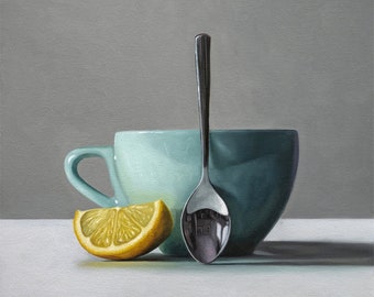 Cuña de limón, taza y cuchara / Pintura al óleo de cocina de alimentos Impresión de bellas artes firmada / Directo del artista