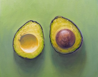 Aguacate en rodajas / Pintura al óleo de comida de cocina Impresión de bellas artes firmada / Directo del artista