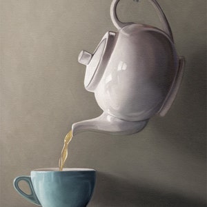 Pouring Tea | Whimsical Kitchen Oil Painting Signed Fine Art Print | Direct from Artist