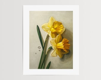 Gotas de rocío de narciso / Pintura al óleo de flores amarillas / Impresión de bellas artes firmada / Directo del artista