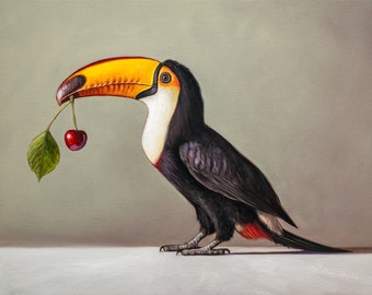 Tucán y cereza / Pintura al óleo de pájaros Impresión de bellas artes firmada / Directo del artista