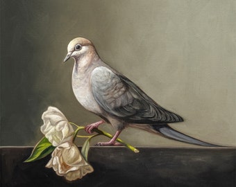 Paloma y rosas / Pintura al óleo de pájaros Impresión de bellas artes firmada / Directo del artista