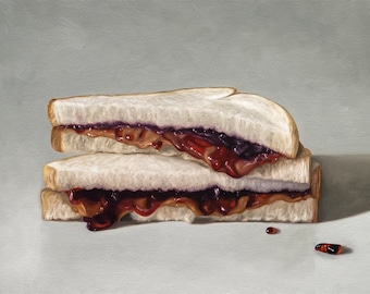 Sandwich au beurre de cacahuète et à la gelée | Peinture à l'huile de cuisine alimentaire Impression d'art signée | Direct de l'artiste