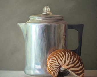 Tea Kettle and Nautilus Shell | Nautical Seashell Oil Painting Signed Fine Art Print | Direct from Artist