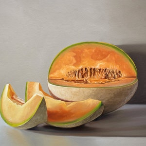 Sliced Cantaloupe Melon | Kitchen Fruit Food Oil Painting Signed Fine Art Print | Direct from Artist