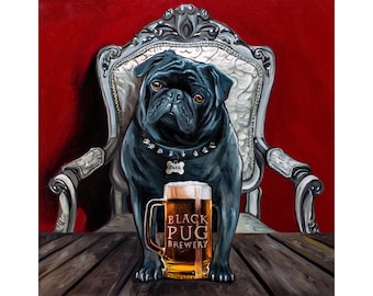 Pug at the Bar Drinking Beer 11x17  dog art print modern artwork 