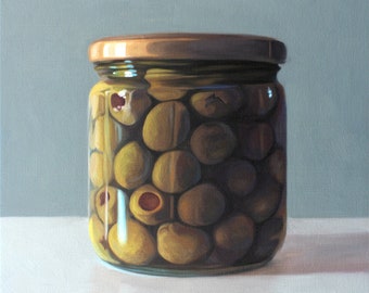 Jar of Green Olives | Food Kitchen Oil Painting Signed Fine Art Print | Direct from Artist