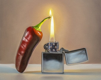 Jalapeño ardiente / Cocina Comida Fuego Pintura al óleo caliente Impresión de bellas artes firmada / Directo del artista