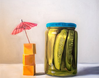 Cornichons et fromage | Peinture à l'huile de cuisine alimentaire Impression d'art signée | Direct de l'artiste