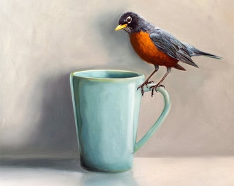 Robin's Egg Blue Coffee Cup | Bird Food Kitchen Oil Painting Signed Fine Art Print | Direct from Artist