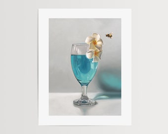 Blue Lagoon & Bumble Bee | Cocktail Drink Kitchen Oil Painting Signed Fine Art Print | Direct from Artist