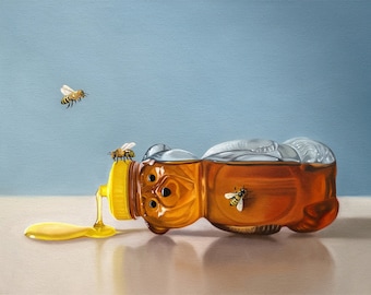Miel renversé et abeilles | Peinture à l'huile de cuisine, impression d'art signée | Direct de l'artiste