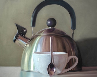 Tea Kettle and Coffee Cup | Kitchen Oil Painting Signed Fine Art Print | Direct from Artist