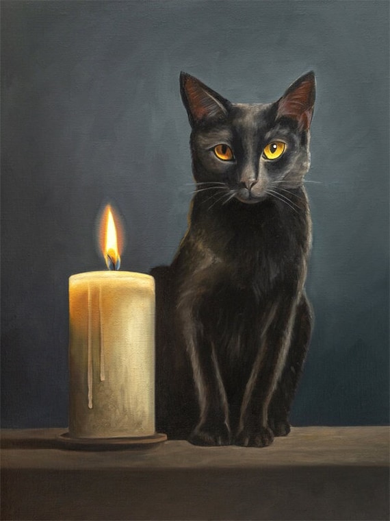 Black Cat & Candle | Halloween Cat Oil Painting Signed Fine Art Print | Direct From Artist - Etsy