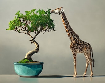 Bonsai & Giraffe | Whimsical Animal Oil Painting Signed Fine Art Print | Direct from Artist