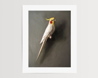 White Cockatiel | Bird Parrot Oil Painting Signed Fine Art Print | Direct from Artist