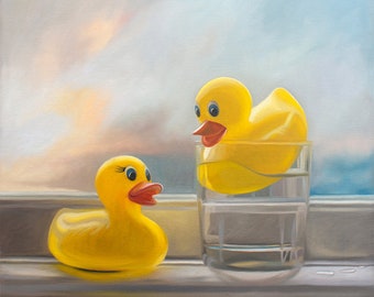 Rubber Ducky Pool Time | Nursery Bathroom Oil Painting Signed Fine Art Print | Direct from Artist