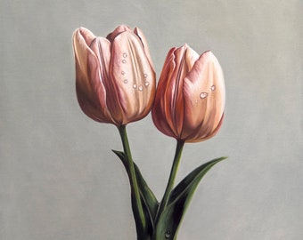 Dew Drop Tulips | Floral Flower Oil Painting Signed Fine Art Print | Direct from Artist