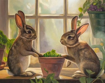 Rabbit Oil Painting Print, Animal Wall Art, Horizontal