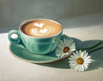 Café y margaritas / Pintura al óleo de flores original de 20" x 16" de Lauren Pretorius