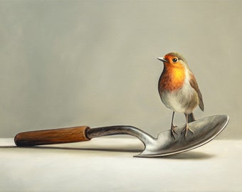 Compañero del jardinero / Pintura al óleo de pájaros Impresión de bellas artes firmada / Directo del artista