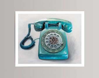 Vintage Rotary Phone Oil Painting Unframed Print, Aqua Still Life Art (Hand-Signed Giclée)