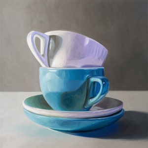 Stacked Cups Oil Painting Print: Kitchen Still Life Art