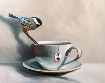 Chickadee and Cherry Tea | Bird Oil Painting Signed Fine Art Print | Direct from Artist