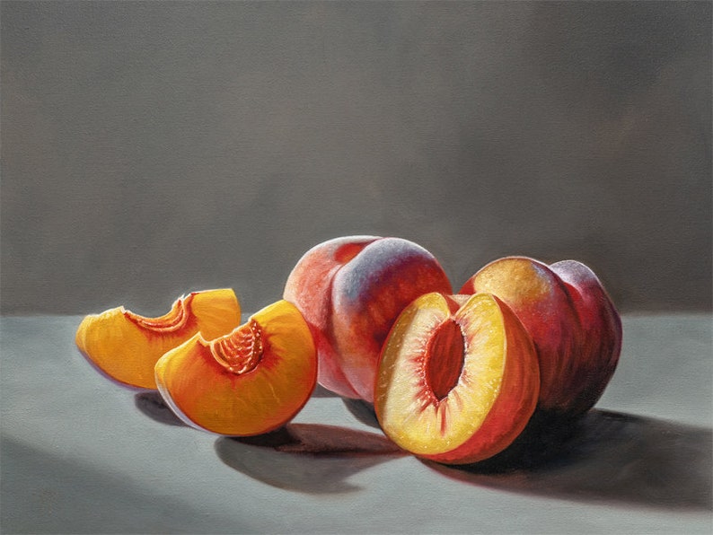 Sunlit Peaches Kitchen Fruit Food Oil Painting Signed Fine Art Print Direct from Artist image 1