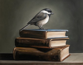 Gorrión y libros antiguos / Pintura al óleo de pájaros Impresión de bellas artes firmada / Directo del artista