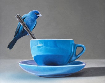 Indigo Bunting & Blue Cup con platillo / Pintura al óleo de pájaros Impresión de bellas artes firmada / Directo del artista