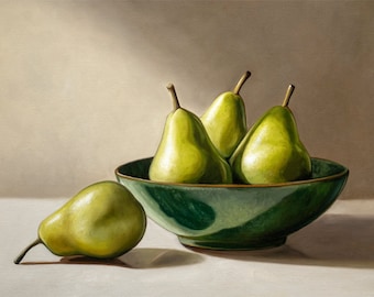 Peras y tazón verde / Cocina Fruta Comida Pintura al óleo Impresión de bellas artes firmada / Directo del artista
