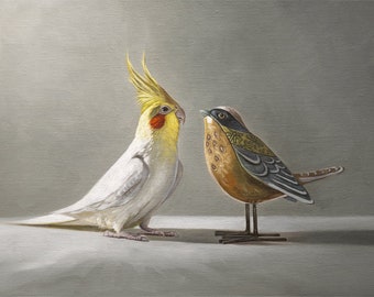 Amis à plumes | Peinture à l'huile d'oiseau perroquet, impression d'art signée | Direct de l'artiste