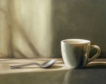 Taza y cuchara / Cocina Comida Pintura al óleo Impresión de bellas artes firmada / Directo del artista