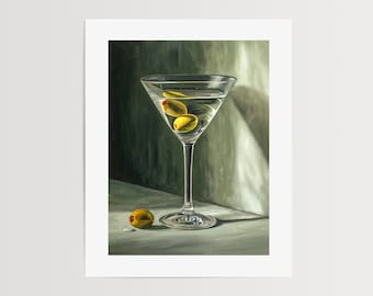 Martini & Aceitunas / Cóctel Cocina Pintura al óleo Impresión de bellas artes firmada / Directo del artista